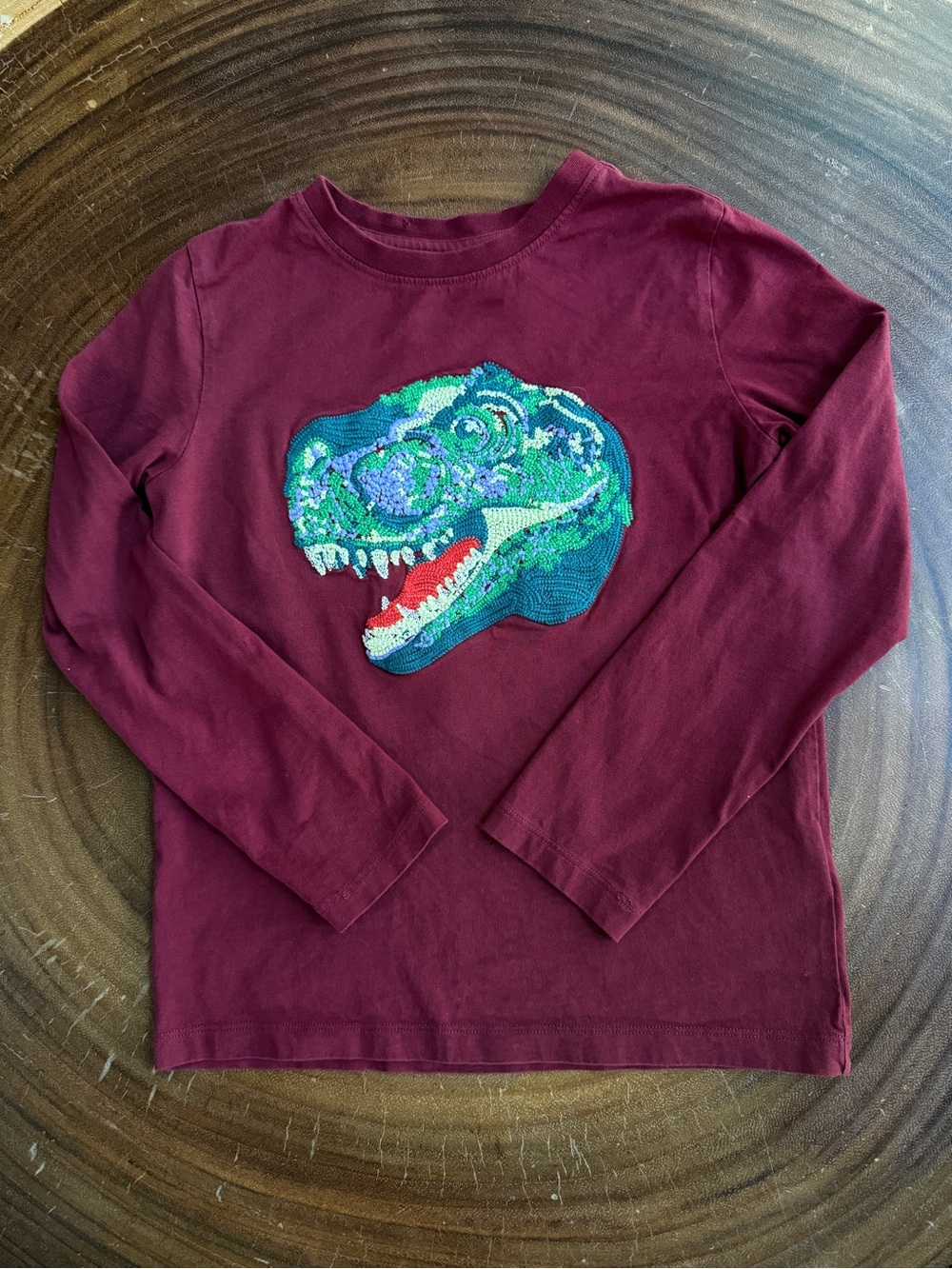 Lands' End Maroon Long-Sleeve Tee with Sequin Dinosaur